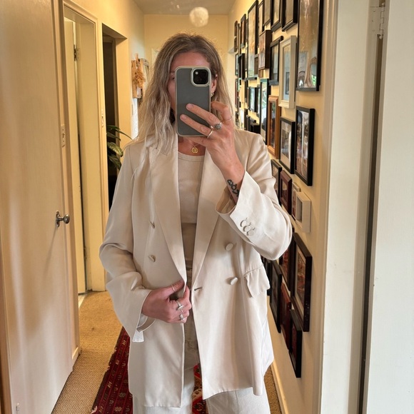 Zara Double Breasted Satin Effect Cream Tan Mink Blazer Suit Jacket Bridal - Picture 4 of 17